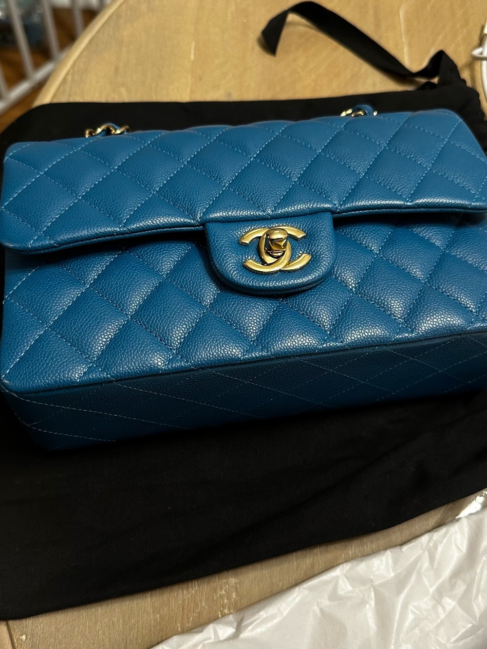 CHANEL Small Quilted Top Handle Shoulder Bag in Teal Blue with Gold Hardware - Picture 9 of 12